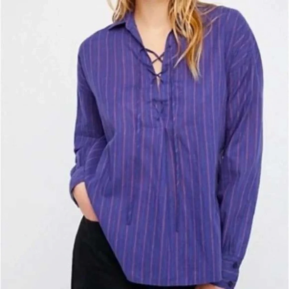 Free People Blue Red Stripe Corset Lace Up M Boho Peasant UNDER BOARDWALK‎ Tunic